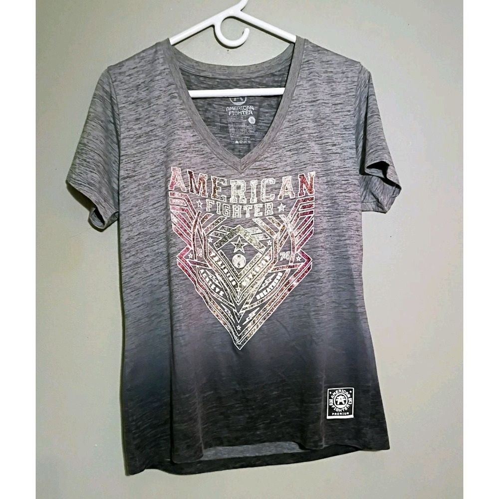 American Fighter womens Gray Graphic V-Neck Logo Jersey T-Shirt Short Sleeve XL